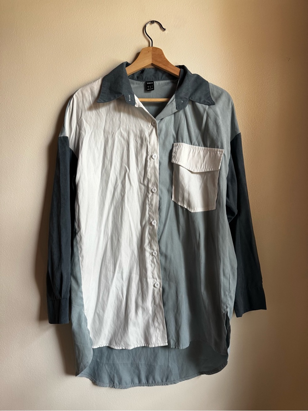 SHEIN White & Blue Colorblock Longline Button-Down Shirt